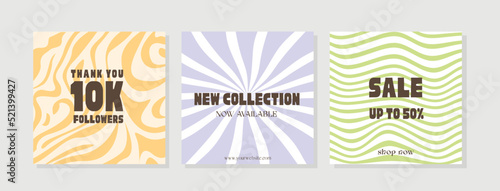 Social media ad post in old school funky nostalgic design. Retro 80s 90s aesthetic backdrops, vintage wavy liquid distorted backgrounds. Set of square posters in Y2K style. Vector ig banner templates.