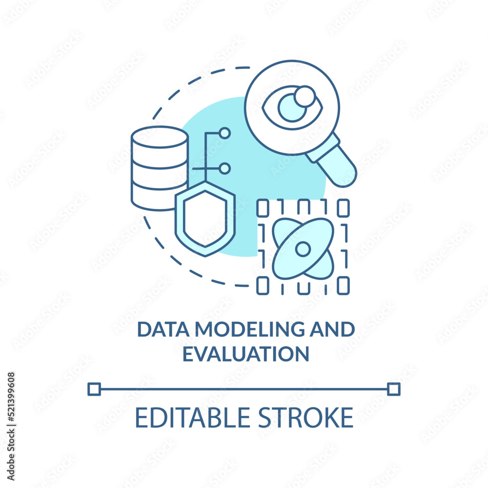Data modeling and evaluation turquoise concept icon. Machine learning engineer skill abstract idea thin line illustration. Isolated outline drawing. Editable stroke. Arial, Myriad Pro-Bold fonts used Data modeling and evaluation turquoise concept icon. Machine learning engineer skill abstract idea thin line illustration. Isolated outline drawing. Editable stroke. Arial, Myriad Pro-Bold fonts used