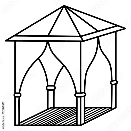 Gazebo for outdoor recreation. Sketch. Tent with roof and curtains. Vector illustration. Outline on isolated background. Coloring. Doodle style. Idea for web design. © Gebbi Mur