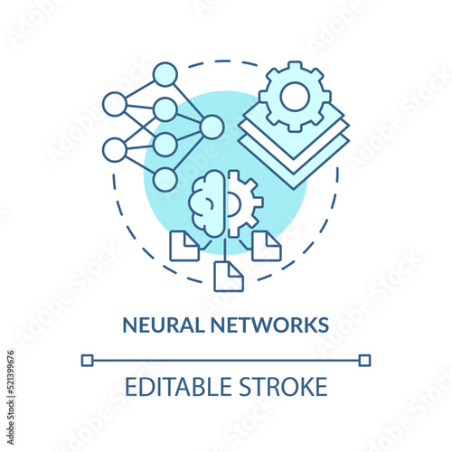 Neural networks turquoise concept icon. Machine learning engineer skill abstract idea thin line illustration. Isolated outline drawing. Editable stroke. Arial, Myriad Pro-Bold fonts used
