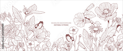 Luxury botanical background with trendy wildflowers and minimalist flowers for wall decoration or wedding. Hand drawn line herb, elegant leaves for invitation save the date card