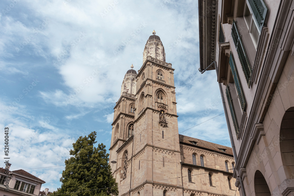 Low angle view of Grossmunster church in Zurich, Switzerland. Copy space