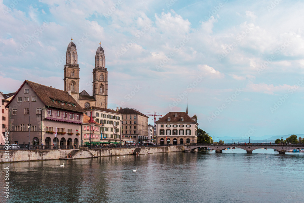 High angle view of Zurich center and Limmat river. Copy space