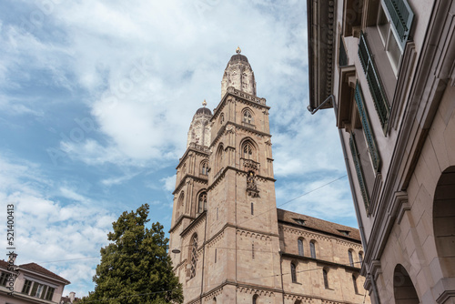 Low angle view of Grossmunster church in Zurich, Switzerland. Copy space