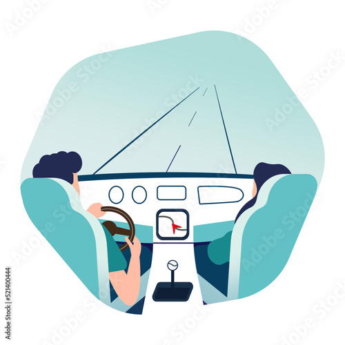 Pair of people sitting on front seats of car moving along highway. Automobile driver and passenger, back view. Road journey, ride, trip. Trendy colorful vector illustration in modern cartoon style.