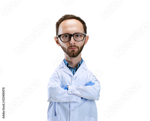 Serious scientist. Funny man with a caricature face isolated over white background. Cartoon style character with big head. Concept of business, emotions. photo