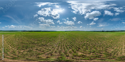 Photography full seamless 360 hdri panorama view among farming field with sun and clouds in