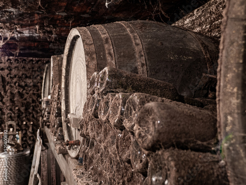 Old bottles with wine mold and wooden barrels in the background photo
