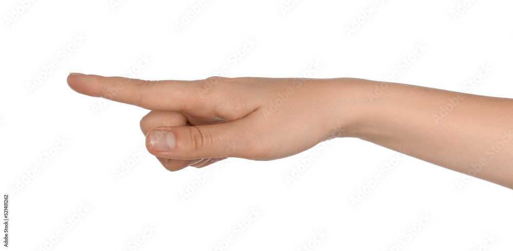 Woman pointing at something on white background, closeup of hand Woman pointing at something on white background, closeup of hand