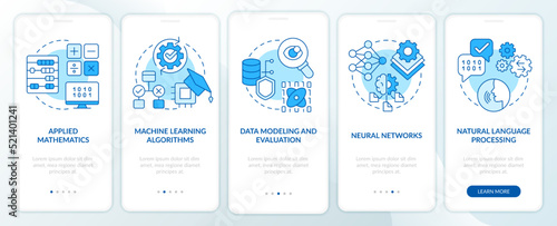 Machine learning engineer skills blue onboarding mobile app screen. Walkthrough 5 steps editable graphic instructions with linear concepts. UI, UX, GUI template. Myriad Pro-Bold, Regular fonts used