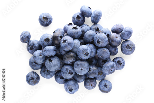 Pile of tasty fresh ripe blueberries on white background, top view