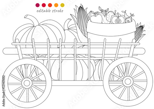 Cart with pumpkins, corn and fruits in bags. Autumn collection. Relaxation coloring template.