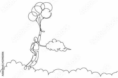 Single one line drawing robot flying with balloon through cloud. Reaches goal, target, find solution. Future technology development. Artificial intelligence. Continuous line design vector illustration