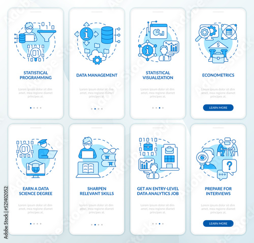 Data management expert blue onboarding mobile app screen set. Walkthrough 4 steps editable graphic instructions with linear concepts. UI, UX, GUI template. Myriad Pro-Bold, Regular fonts used