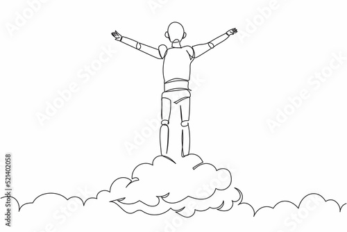 Single one line drawing robot on top of cloud with raised hand. Future technology development. Artificial intelligence and machine learning processes. Continuous line draw design vector illustration