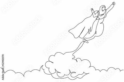 Single continuous line drawing Arabian businesswoman superhero with cloak flying up to success. Business takes off. Power uniqueness business project. One line draw graphic design vector illustration