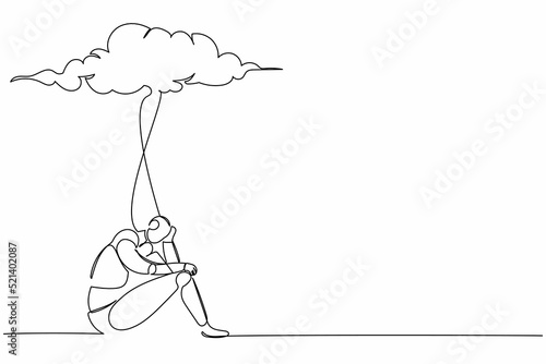 Single continuous line drawing unhappy robot feeling stress and sad. Sitting under rain cloud. Robotic artificial intelligence. Electronic technology industry. One line draw design vector illustration