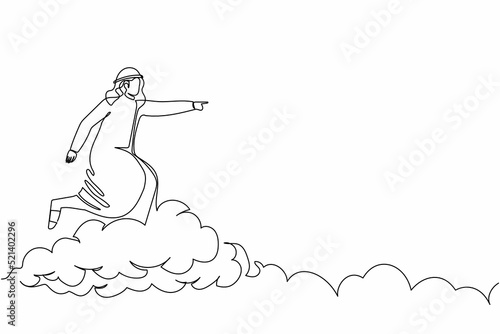 Single one line drawing Arab businessman riding cloud on the sky, pointing forward, go to future improvisation. Manager on cloud way to success. Continuous line draw design graphic vector illustration