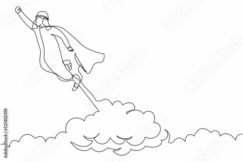 Single continuous line drawing super Arab businessman flying up to the cloud sky. Worker in cloak takes off. Power  uniqueness  start-up business idea. One line draw graphic design vector illustration