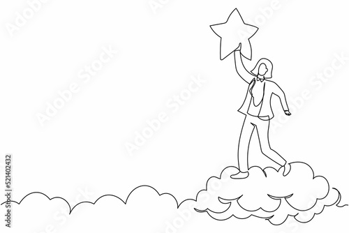 Continuous one line drawing successful businesswoman reaching precious star. Business succeed reward, winning star employee, career path, dream job. Single line draw design vector graphic illustration