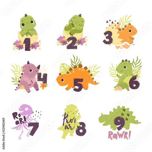 Fototapeta Naklejka Na Ścianę i Meble -  Dinosaurs and figures. Vector set of dinosaurs. Cute baby dinosaurs and numbers, kids clipart, Little dinos. Baby shower. Kids party, birthday. Kids print