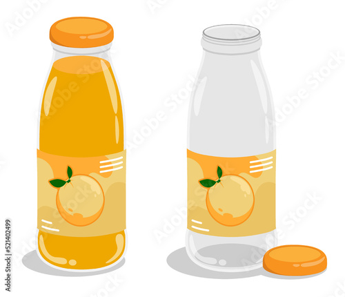 Plastic or glass bottle with orange juice. Full and empty bottle with cap and label. Cartoon vector isolated on white background