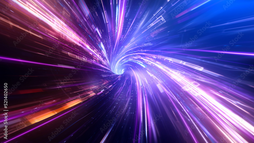 Obraz premium Speed of digital lights, neon glowing rays in motion into digital technologic tunnels. 3D rendering