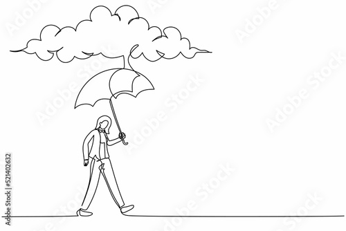 Continuous one line drawing protective businesswoman walking with umbrella stand under rain cloud. Depression, passerby at rainy weather. Drenched woman. Single line design vector graphic illustration
