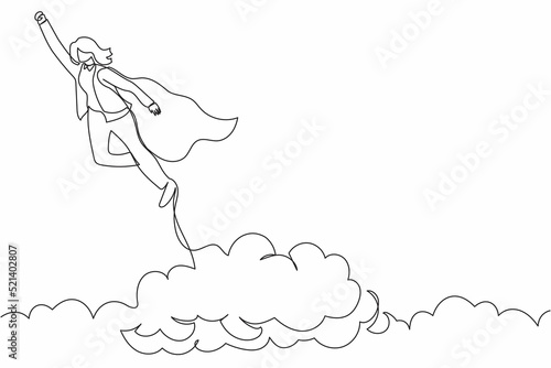 Single continuous line drawing strong businesswoman superhero flying up to success. Super worker in cloak takes off. Power uniqueness business project. One line draw graphic design vector illustration