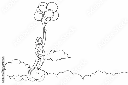 Single one line drawing happy businesswoman floating with flying balloon through cloud. Manager reaches goal, achieve target, finds solution. Continuous line draw design graphic vector illustration