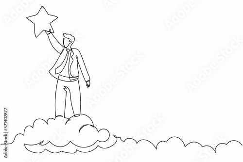 Single continuous line drawing success businessman reaching precious star. Business champion to get reward, winning star employee, career path, dream job. One line graphic design vector illustration