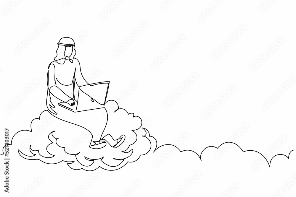 Continuous one line drawing Arab businessman sitting on cloud in sky and working with laptop. Wireless internet connection. Social networking media. Single line draw design vector graphic illustration Continuous one line drawing Arab businessman sitting on cloud in sky and working with laptop. Wireless internet connection. Social networking media. Single line draw design vector graphic illustration