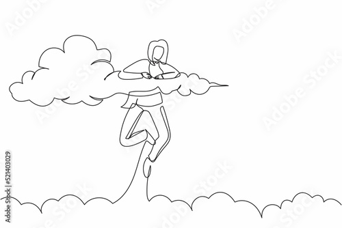 Single continuous line drawing happy businesswoman hang in the clouds. Looking for success in the office, financial freedom, winning business project. One line draw graphic design vector illustration