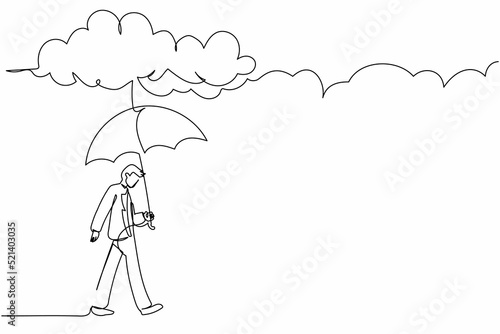 Single continuous line drawing businessman walking with umbrella under rain cloud. Depression, passerby at rainy weather. Drenched man, water pour from sky. One line graphic design vector illustration