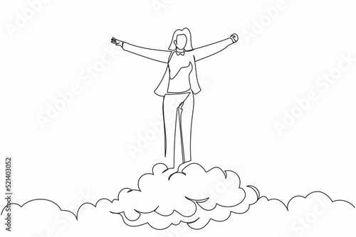 Continuous one line drawing happy businesswoman on top of cloud with raised hands. Successful business project. Financial freedom, happiness, peaceful. Single line design vector graphic illustration