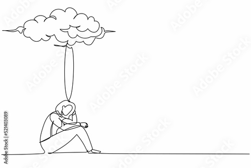 Single one line drawing unhappy depressed businesswoman feeling sad, depression sitting under rain cloud. Sad worker in stress with problem. Continuous line draw design graphic vector illustration