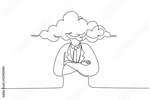 Single continuous line drawing cloud head businessman. Man with empty head and cloud instead. Distracted, daydreaming, absent and impractical concept. One line draw graphic design vector illustration
