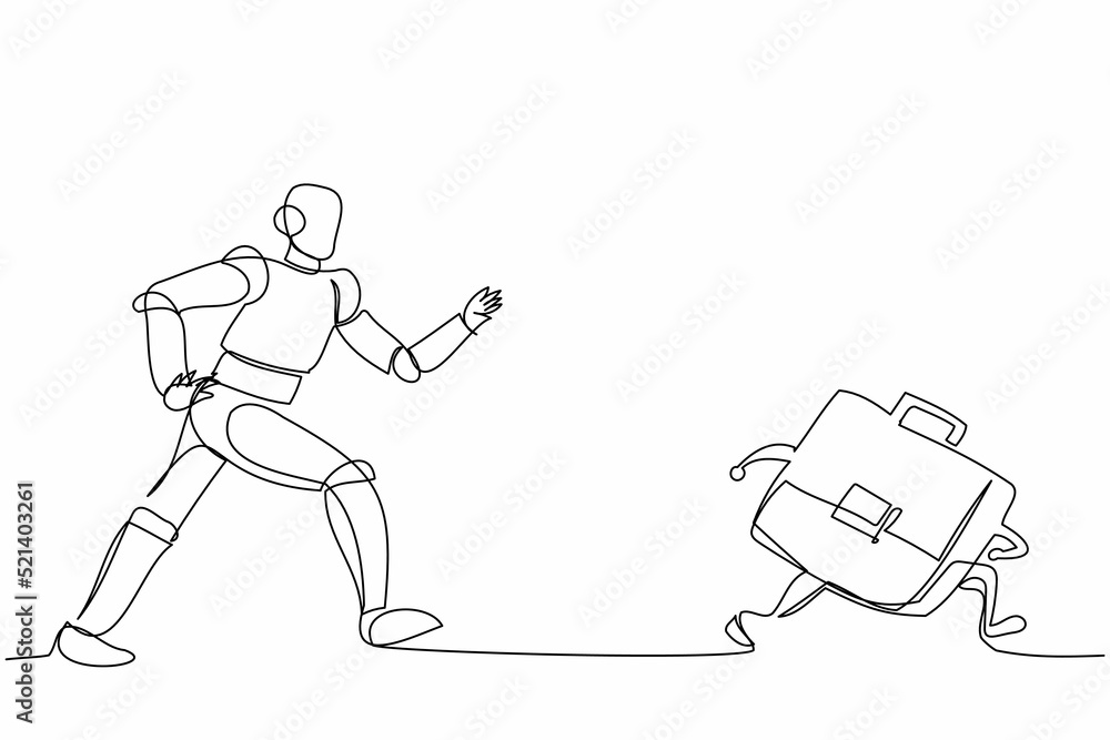 Single one line drawing robot running chasing briefcase. Leather factory industry. Future technology development. Artificial intelligence processes. Continuous line graphic design vector illustration Single one line drawing robot running chasing briefcase. Leather factory industry. Future technology development. Artificial intelligence processes. Continuous line graphic design vector illustration