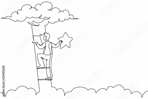 Single one line drawing active businessman climbing ladder or stairs and reaching star on sky. Goals and dreams. Business, career, achievement. Continuous line draw design graphic vector illustration