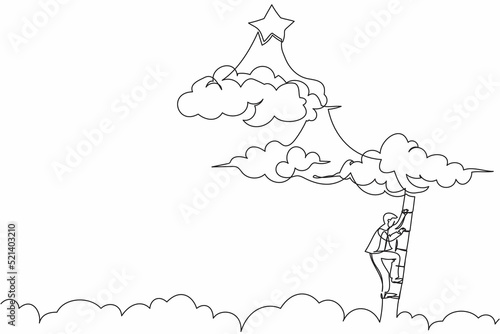 Single one line drawing businessman climbing ladder to reach out for stars. Employee climb career path. Motivation to be success, winning goal. Continuous line draw design graphic vector illustration