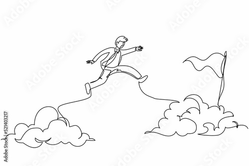 Continuous one line drawing active businessman jump or leap over clouds to reach his success target or flag. Challenge his career path. Taking risk. Single line draw design vector graphic illustration