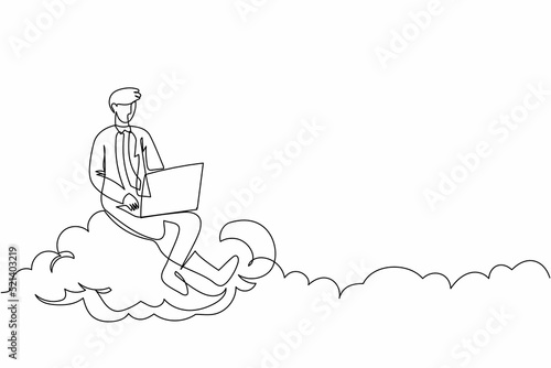 Single continuous line drawing businessman sitting on cloud in sky and working with laptop. Wireless connection. Social networking using cloud storage. One line draw graphic design vector illustration