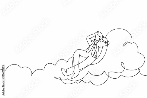 Single one line drawing relaxed and successful businessman relaxing laying on clouds. Happy and enjoy male relaxation, vacation, take a break. Continuous line draw design graphic vector illustration