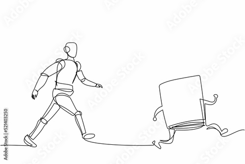 Single one line drawing robot run chasing textbook for learning aspiration. Future technology development. Artificial intelligence machine processes. Continuous line design graphic vector illustration