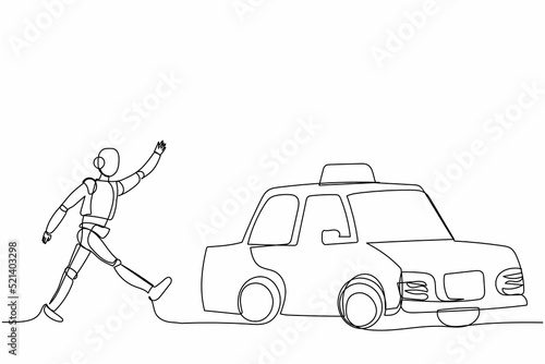 Continuous one line drawing robot running chasing taxi cab. Digitally transportation era. Humanoid robot cybernetic organism. Future robotic development. Single line design vector graphic illustration