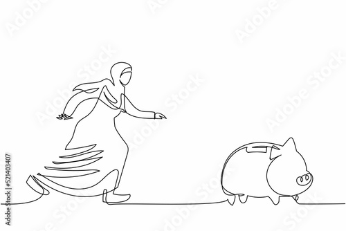 Single one line drawing Arab businesswoman chasing piggy bank. Management financial for personal use. Female manager maintain monetary crisis. Continuous line draw design graphic vector illustration