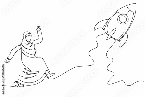 Continuous one line drawing Arab businesswoman running chasing rocket take off.  Starting new business project. Flying to growth and success career. Single line draw design vector graphic illustration
