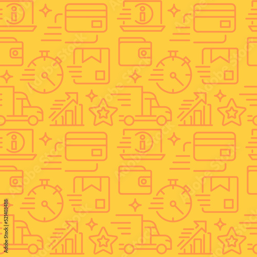 Order delivery abstract seamless pattern. Editable vector shapes on yellow background. Trendy texture with cartoon color icons. Design with graphic elements for interior, fabric, website decoration