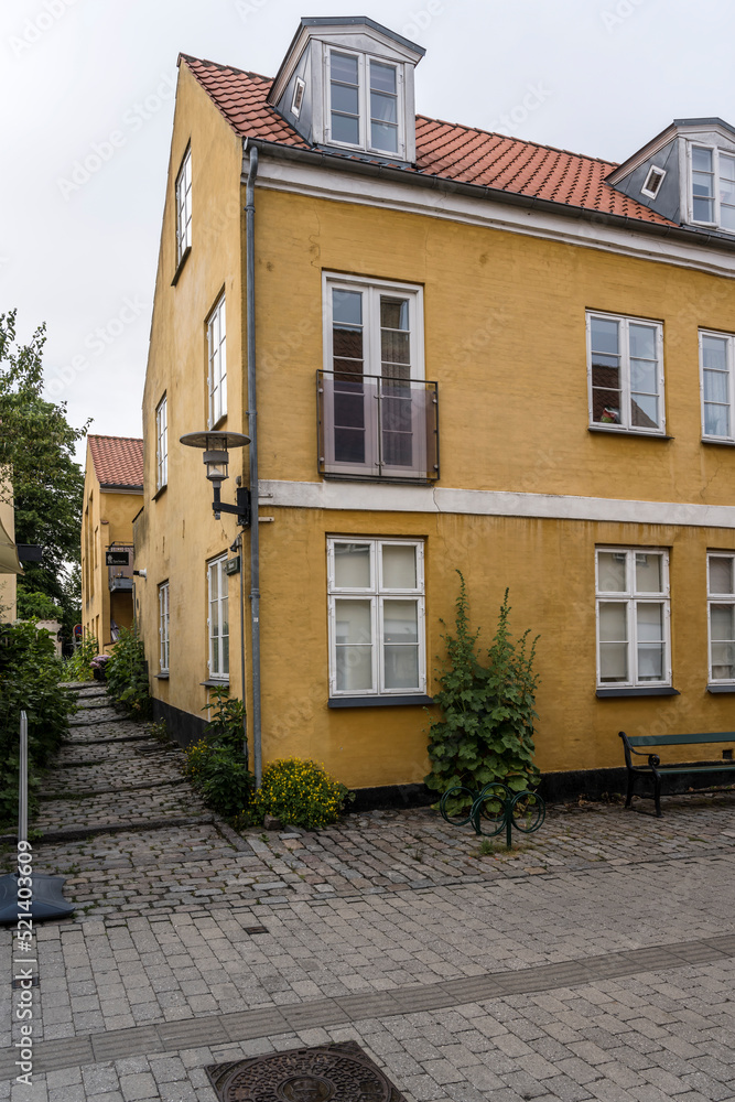 traditional houses and Hollyock plants on cobbled pavement, Dragor, Denmark