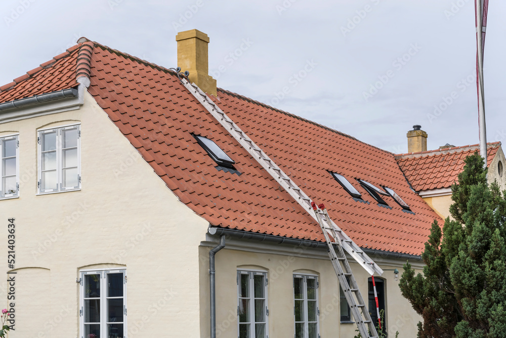 service ladder on roof of traditional house, Dragor, Denmark service ladder on roof of traditional house, Dragor, Denmark